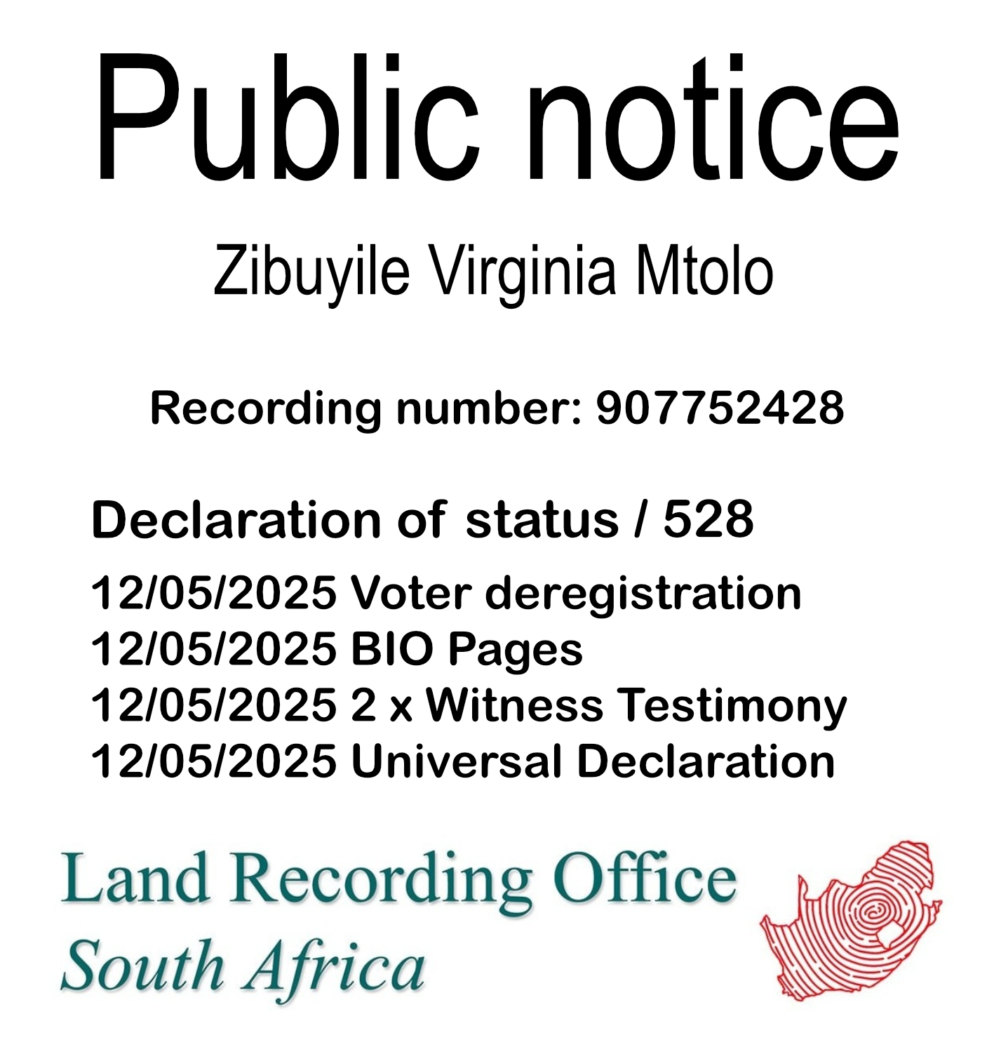 Public Notice Zibuyile Virginia Mtolo (c) Recording number 907752428